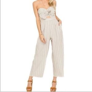 ASTR The Label Mara Tie-Front strapless striped Linen Jumpsuit Size M EUC